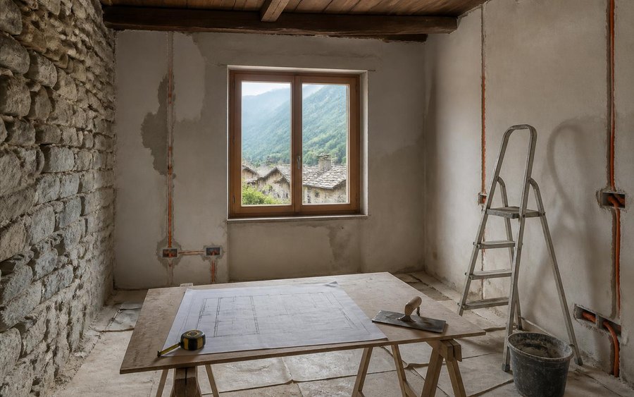 Stanza di una casa di montagna in ristrutturazione, con il progetto sul tavolo